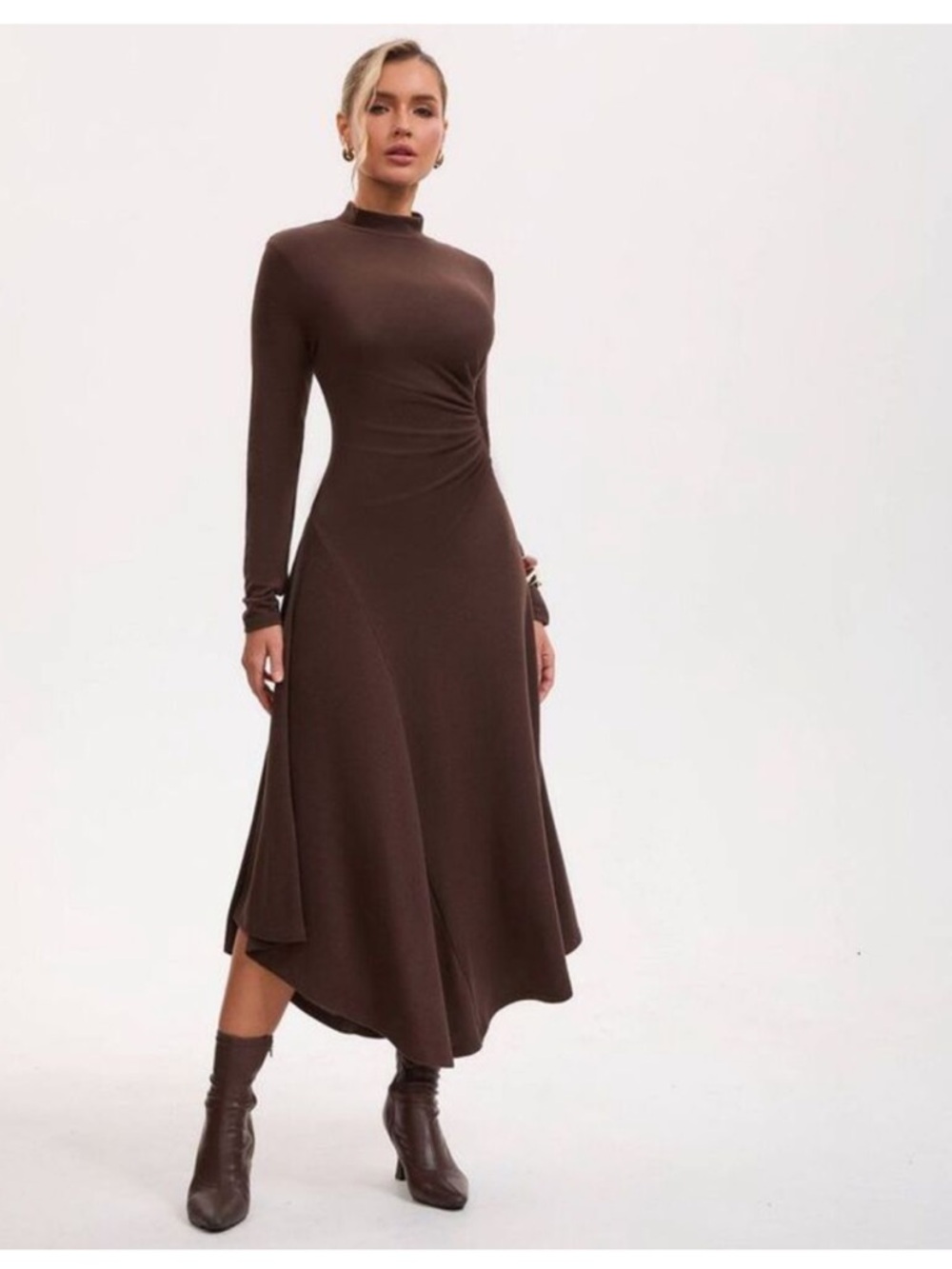 a new day Brown Long Sleeve Mock Neck Midi Dress
